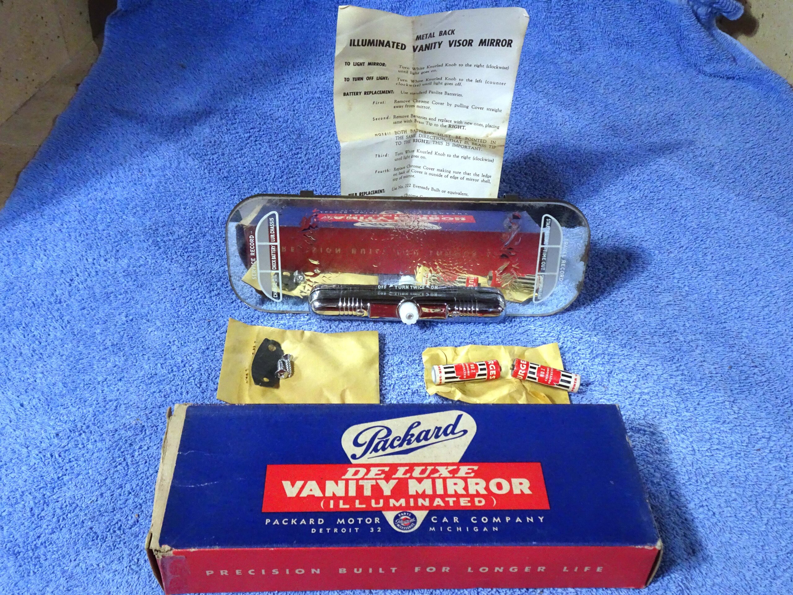 1946 1947 1948 1949 1950 1951 1952 1953 1954 1955 1956 Packard Accessory Metal Back Illuminated Lighted Deluxe Vanity Visor Mirror NOS