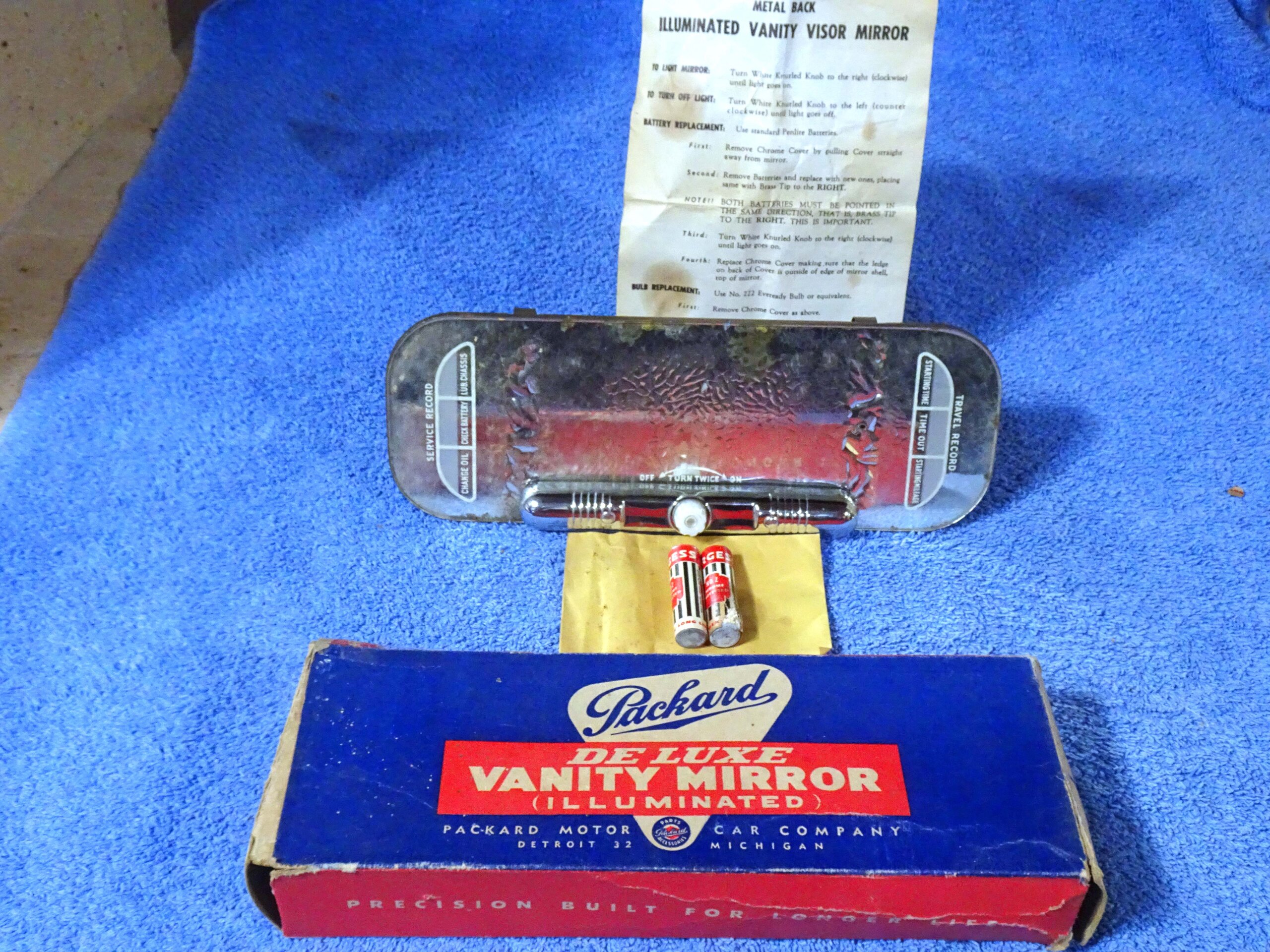 1946 1947 1948 1949 1950 1951 1952 1953 1954 1955 1956 Packard Accessory Metal Back Illuminated Lighted Deluxe Vanity Visor Mirror NOS