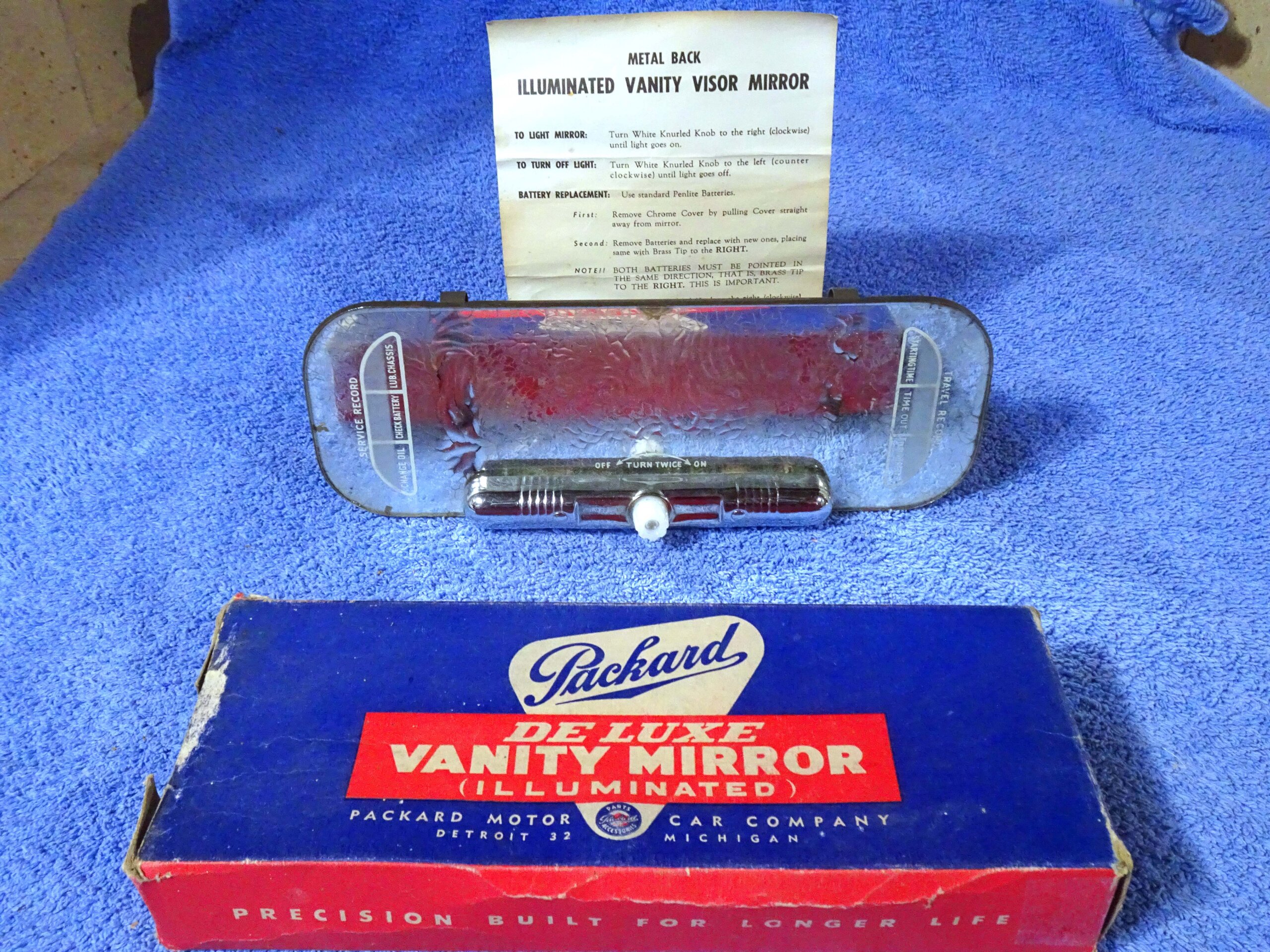 1946 1947 1948 1949 1950 1951 1952 1953 1954 1955 1956 Packard Accessory Metal Back Illuminated Lighted Deluxe Vanity Visor Mirror NOS