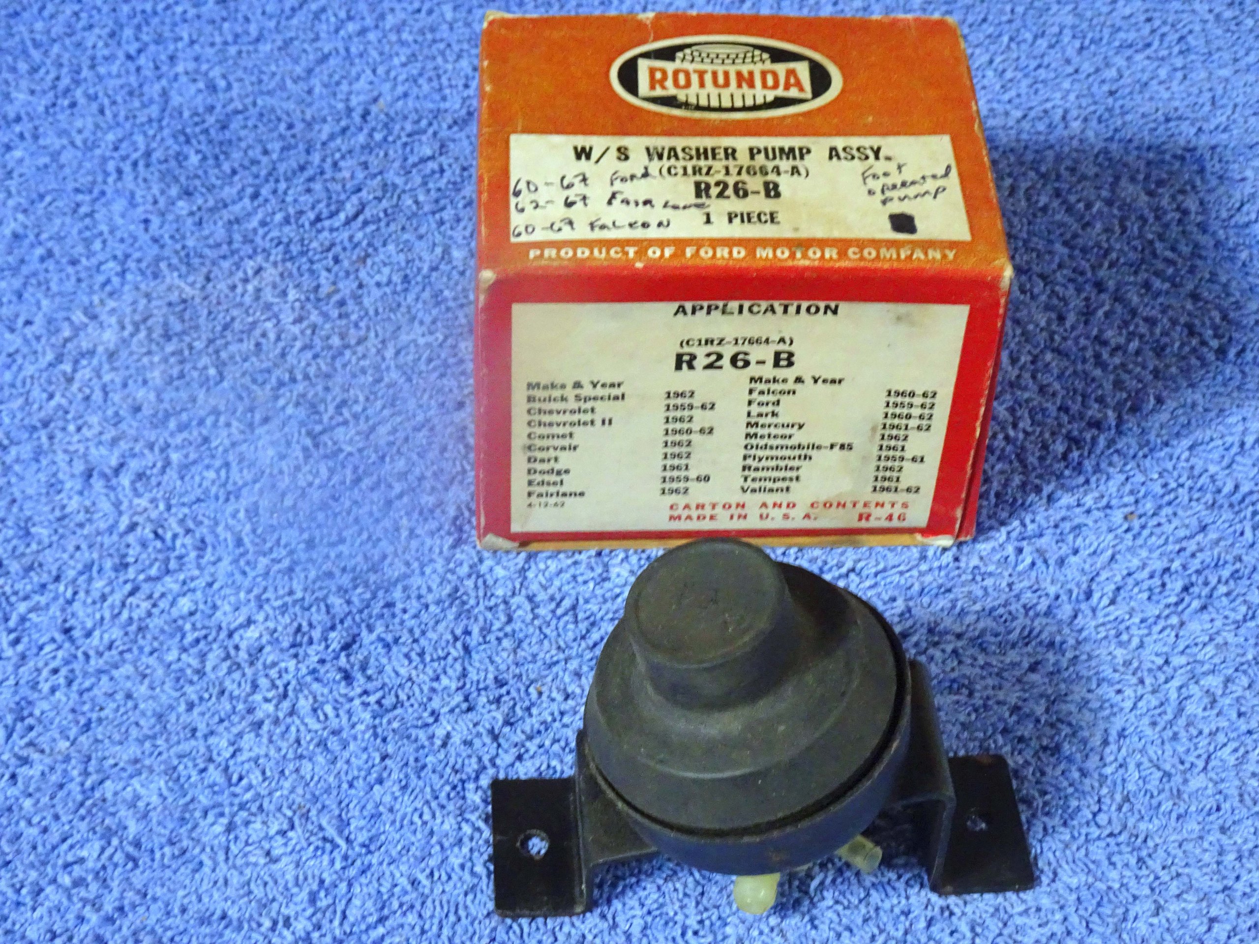 1960 1961 1962 1963 1964 1965 1966 1967 Ford Fairlane Falcon ROTUNDA Accessory Windshield Washer Pump Assembly NOS