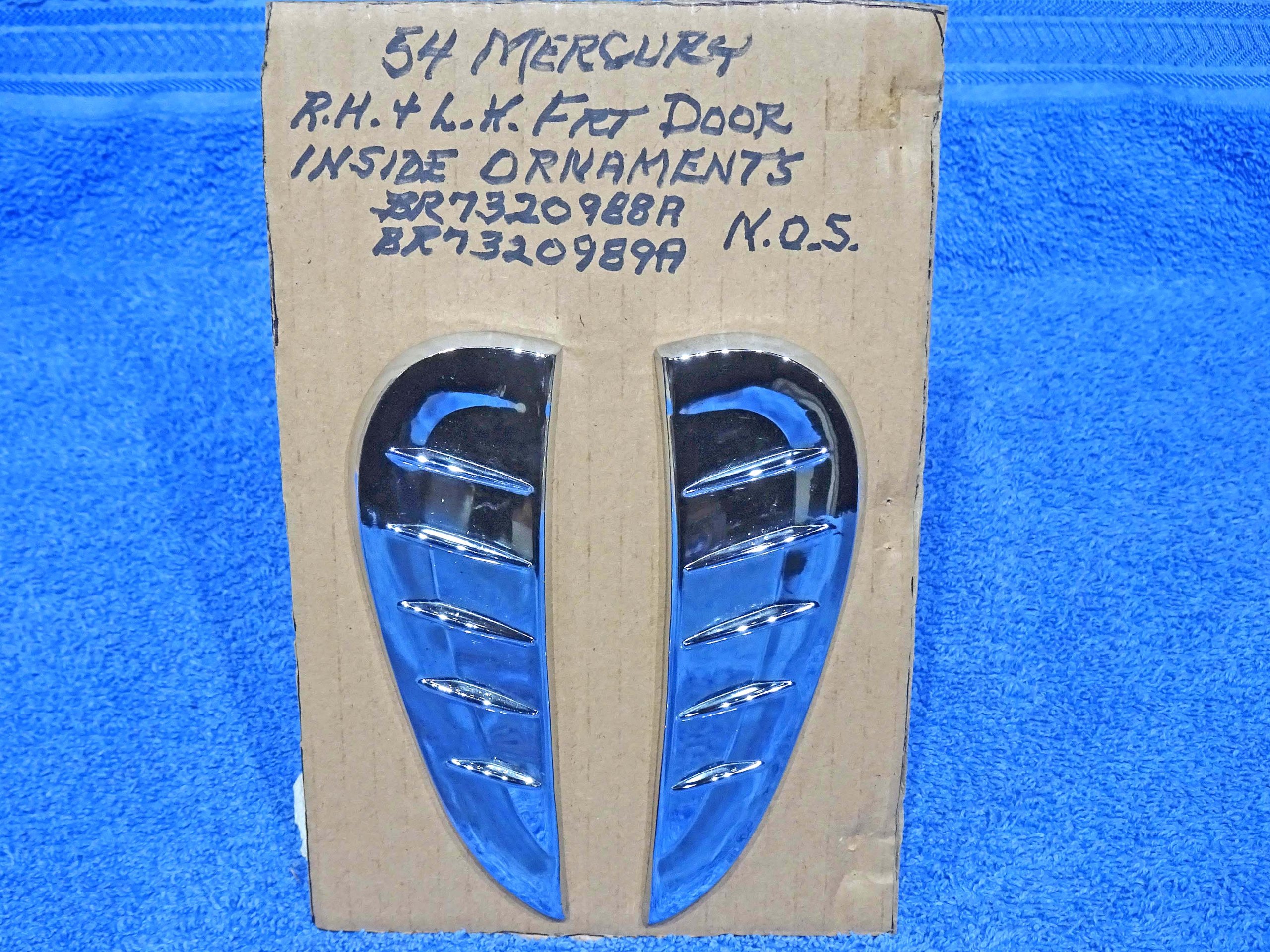 1954 Mercury Front Inside Door Panel Chrome Ornament Emblems NOS